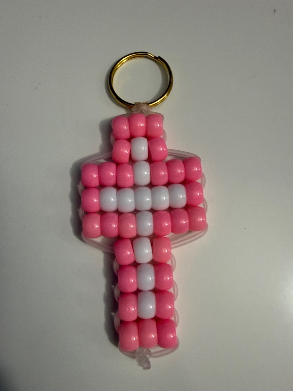Pink and White Beaded Cross Keychain Bracelet